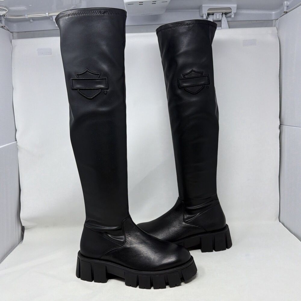 Harley-Davidson Womens 6 Black Leather Over Knee Chunky Lug Sole Boots D84806
